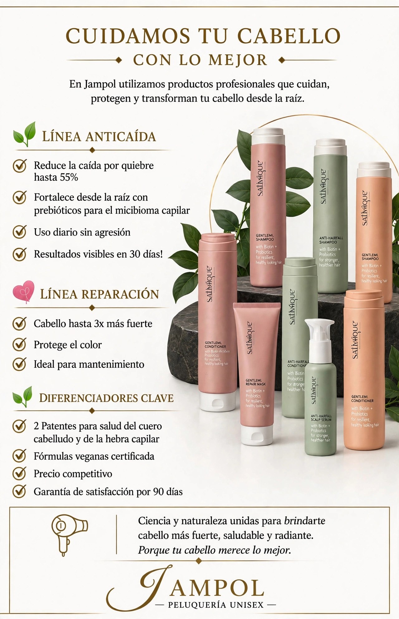 Cartel de la línea Satinique: línea anticaída, línea reparación y diferenciadores clave