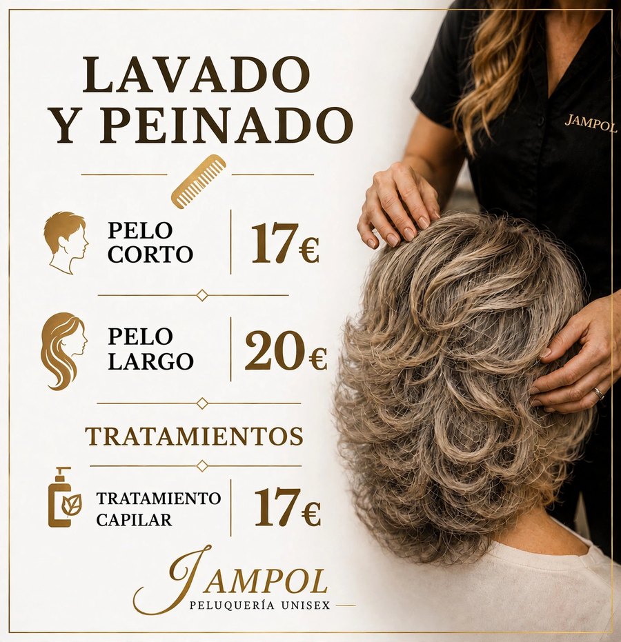 Lavado y peinado: pelo corto 17 €, pelo largo 20 €, tratamiento capilar 17 €